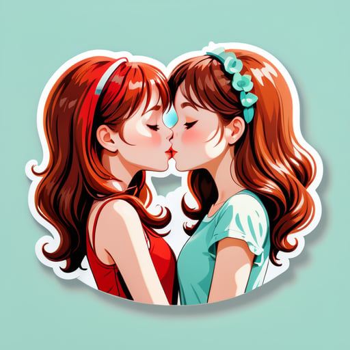 Two beautiful girls with red and brown hair kiss