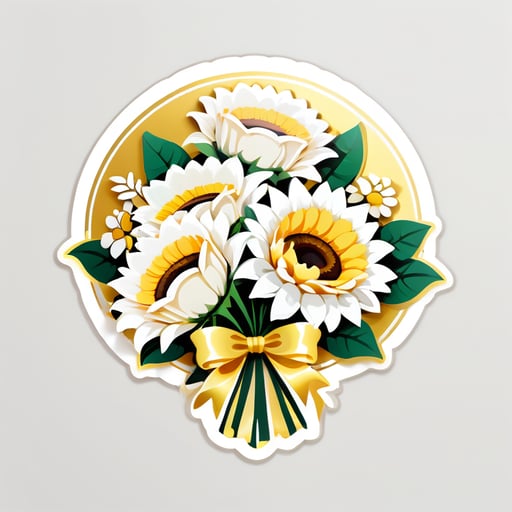 stiker of a bouquet of white roses with a sunflower and gold ribbons