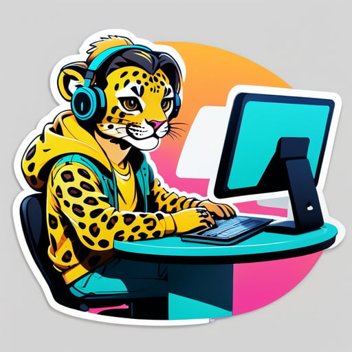 Leopard YouTuber at a computer table