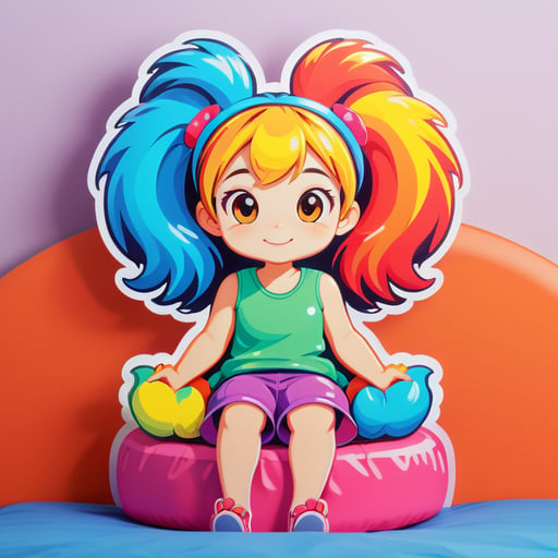 Girl with two bright tails on her head sits on the bed
