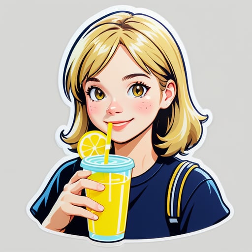 A fair -haired adult student with a neutral face drinks lemonade