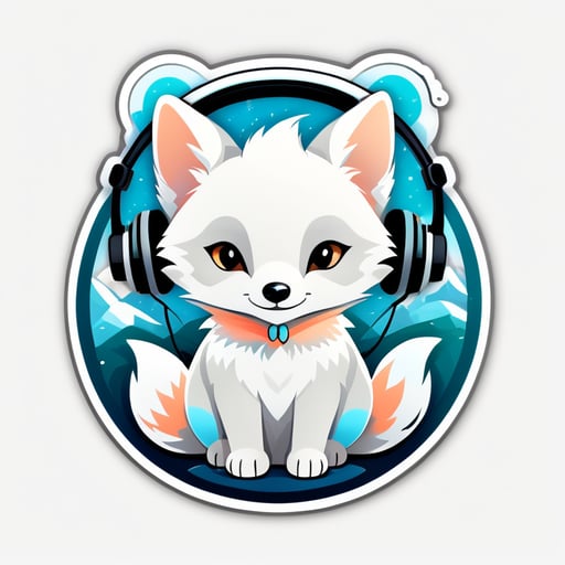 Generate a sticker for telegrams in a single style, PNG format, indenting along the edges. On the sticker, white foxes are ears inside gray, sitting among the snow tundra [White arctic fox in headphones, enjoys music (🎧)]