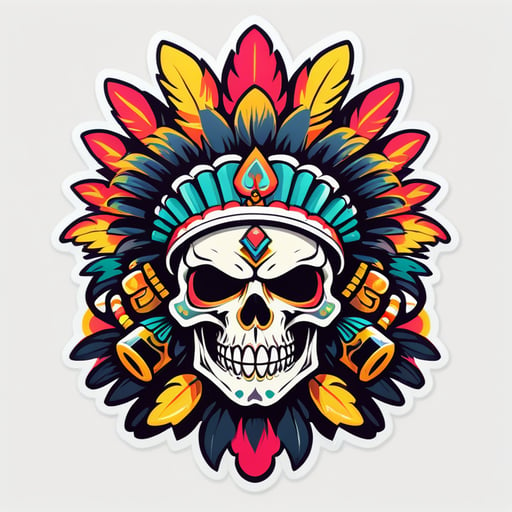 Design a striking sticker that features a bold and intimidating chief skull at its center. The skull should have a fierce and powerful expression, adorned with a traditional headdress. Surrounding the skull, incorporate imagery of stacks of cash and an ace of spades card, symbolizing luck and wealth. The overall style should be edgy and detailed, with a blend of dark and vibrant colors to create a captivating and rebellious vibe. Ensure the elements are well-balanced and harmoniously integrated to make the sticker visually compelling and impactful."