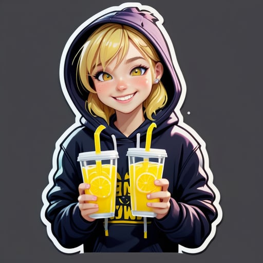 A fair -haired adult student of light with a grin drinks lemonade, clothes shirt and sweatshirt with a hood, dark colors, dark tones of clothing, realistic drawing, neutral expression