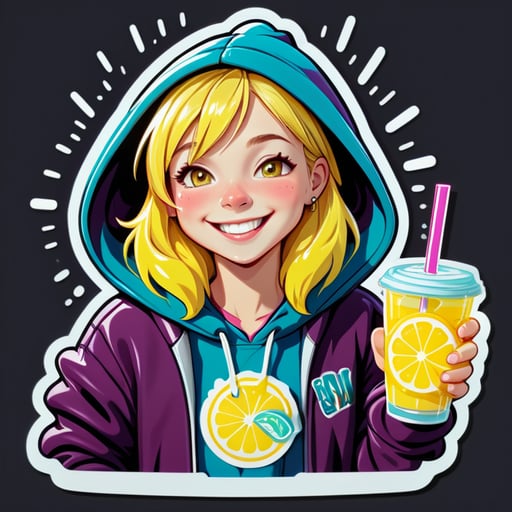 A fair -haired adult student of light with a grin drinks lemonade, clothes shirt and sweatshirt with a hood, dark colors