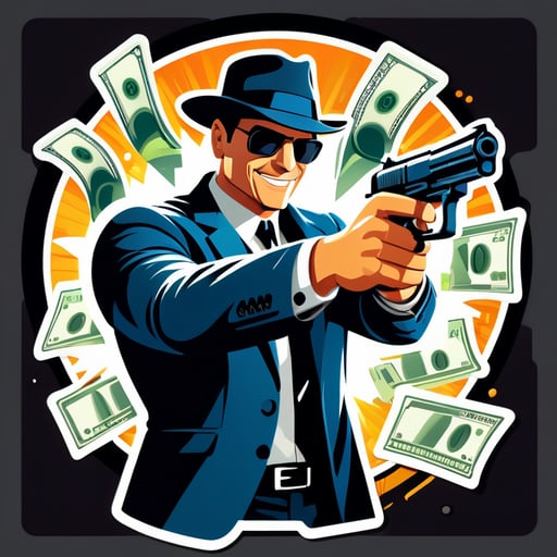 Create a series of visually striking stickers for the project "CASHSHOT." Each sticker should feature the following elements:

A unique and interesting character who appears on every sticker. This character should have a bold, charismatic, and slightly mysterious look. They can be a cool, modern gangster or a high-stakes gambler with a sharp style.
Guns: Include various types of realistic and detailed firearms, such as pistols and revolvers, in dynamic poses or configurations.
Bullets: Show bullets in motion, being loaded, or scattered around, adding a sense of action and intensity.
Money: Incorporate stacks of US dollar bills, bundles of cash, or floating money, symbolizing wealth and high stakes.
Make sure each sticker is vibrant and eye-catching, with dramatic lighting and shadows to enhance the overall impact. The character should be central to each design, interacting with the other elements in creative and visually appealing ways. The style should be cohesive across all stickers, conveying a sense of excitement, danger, and intrigue.