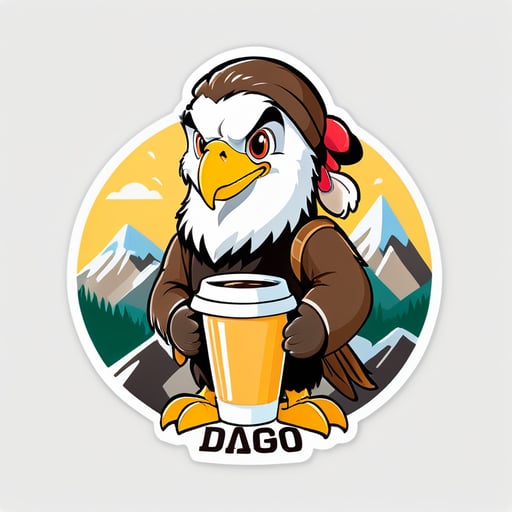 A cheerful cartoon eagle in the mountains drinks coffee and says "this is Dagestan, baby!"
