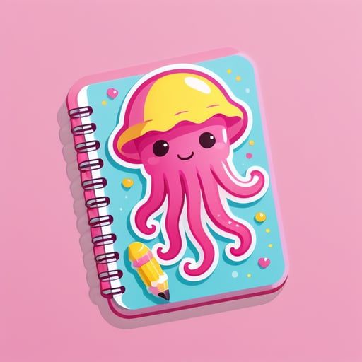 Sweet pink jellyfish writes in a notebook with a yellow pencil