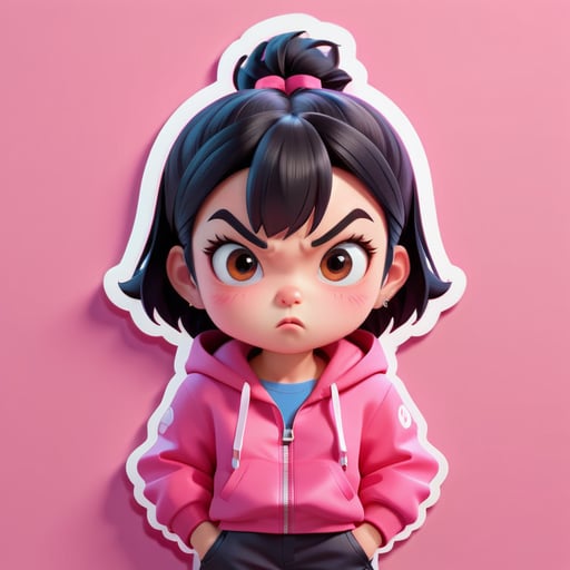 A girl, short black hair, pink clothes, angry expression, Korean style, 3D, C4d