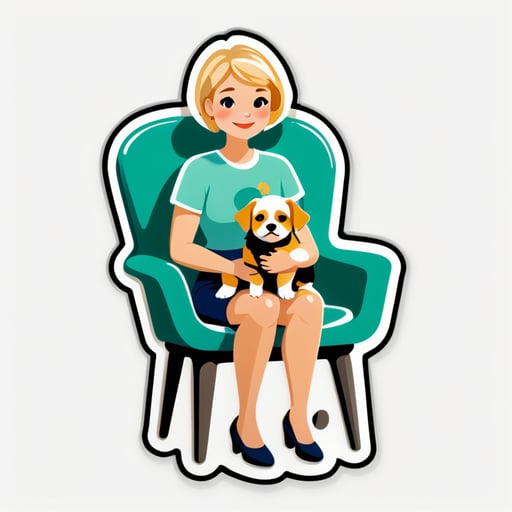 A woman with short blond hair sits in a chair and holds two small dogs in her arms