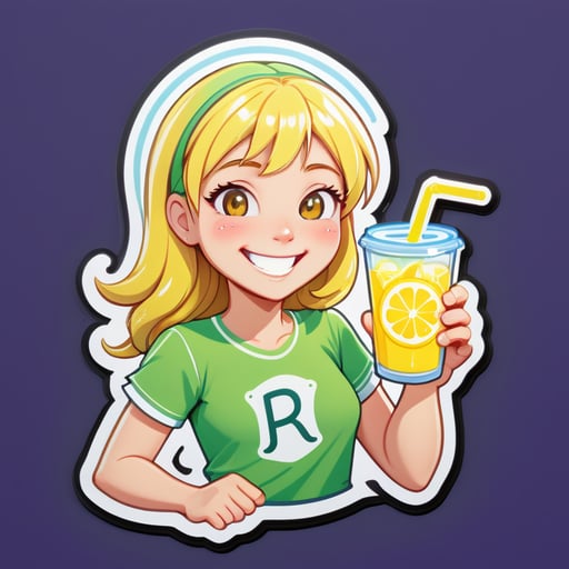 A fair -haired adult student of light with a grin drinks Lemonada Sticker