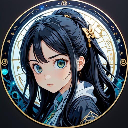 This anime girl has a unique and mysterious appearance. Instead of the usual eyes, she has an inscription that makes it seem as if it is a window to another dimension or a sign carrying a deep meaning.

Her face is framed by long, dark hair, which can be either smoothly loose or arranged in a neat bundle or braid. The expression on this girl's face is always thoughtful, as if she is always deep in thought.

The inscription replacing the eyes can be something mysterious, such as a series of symbols from an unfamiliar alphabet or even an abstract pattern carrying hidden messages or predictions. She doesn't blink, giving the impression of constant attention and insight.

There is a sense of mystery and wisdom in her gaze, as if she possesses knowledge beyond the reach of ordinary people. This unique appearance makes her an object of attention and interest in the anime world, and her behavior and personality only add to the mystery and appeal of this character.