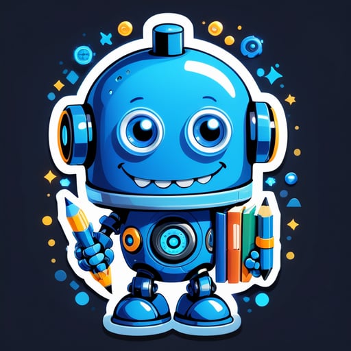 Study buddy is a friendly, cartoon-style robot with a round, glowing blue head and a body made up of various educational symbols such as books, pencils, and gears. It has large, expressive eyes and a smiling face.