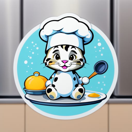 Snow leopard - a cook in a cap in the kitchen