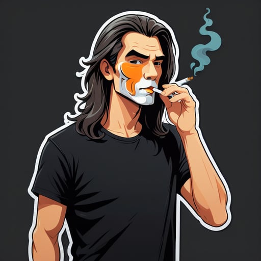 A guy with long hair and shaved temples in a black T -shirt smokes a cigarette
