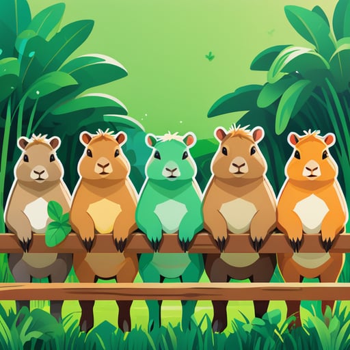 A group of capybaras in a lush, green outdoor setting with a wooden fence in the background.