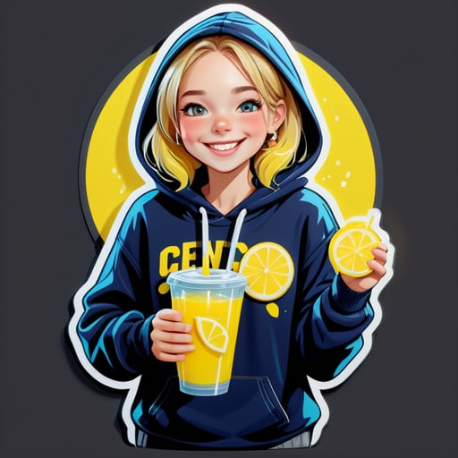 A fair -haired adult student of light with a grin drinks lemonade, clothes shirt and a sweatshirt with a hood, dark colors, dark tones of clothing, realistic drawing