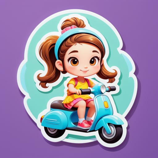 Girl with two light tails on her head rolls on a scooter