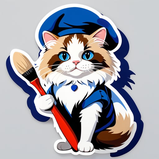 Painter Ragdoll Cat - A ragdoll cat wearing a French artist&#39;s costume and beret, holding a paintbrush and looking attentive.