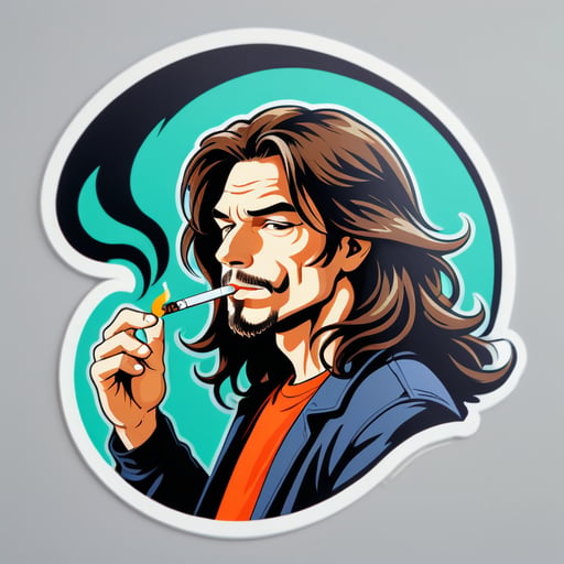A guy with long hair smokes a cigarette