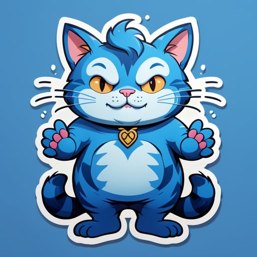 A anthropomorphic blue cat with crossed hands and a large belly, with tattoos on its arms