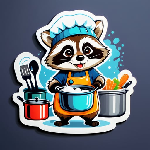 Raccoon cook in a cap in the kitchen
