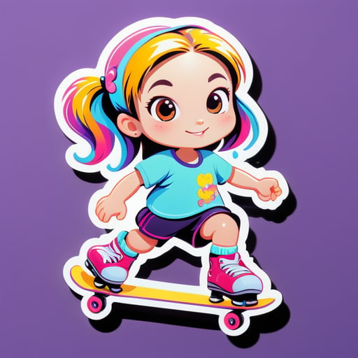 Girl with light pigtails rides on a skate