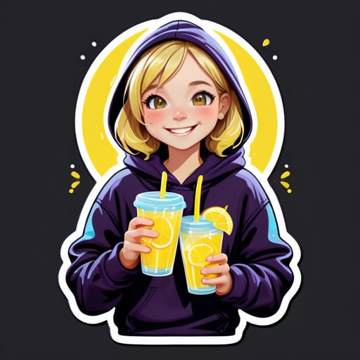 A fair -haired adult student of light with a grin drinks lemonade, clothes shirt and sweatshirt with a hood, dark colors, clothes of dark tones