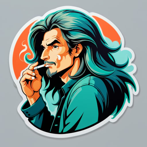 A guy with long hair gathered in the tail smokes a cigarette