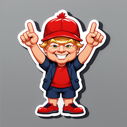 Create a mini Trump with short legs, with Red cap Write "PUMP", Happy with hands up