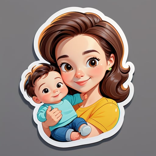 Cartoon sticker of a 30-year-old mother holding her cute 1-year-old son