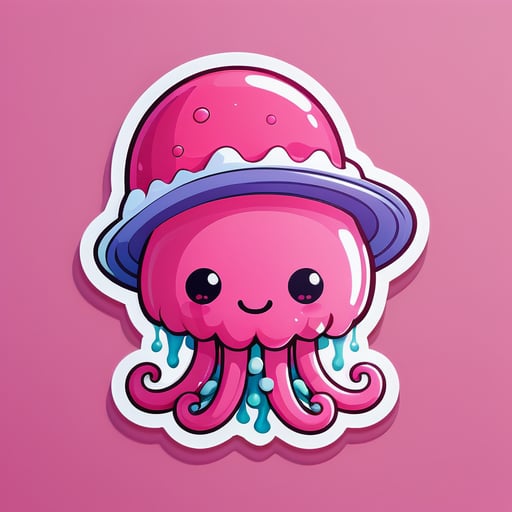 A cute pink jellyfish holds the tentacles, a rag, a spoon and a pan