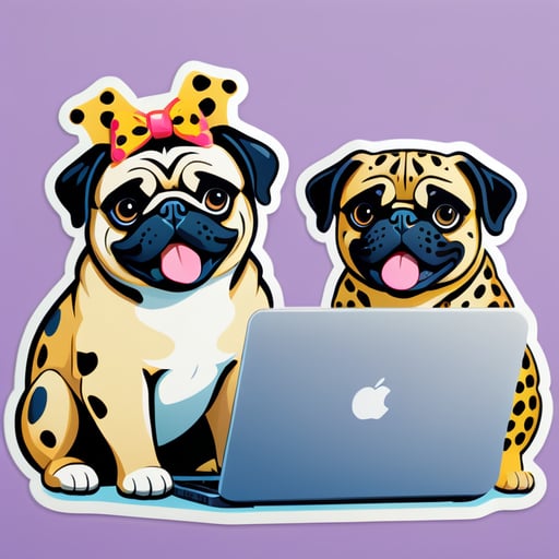 A mixture of pugs and a leopard at a computer table