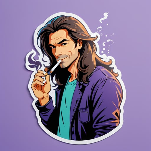 A guy with long hair collected smokes a cigarette