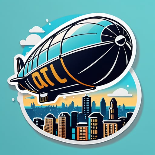 Airship flying over a city with the initials DB on the side of the airship