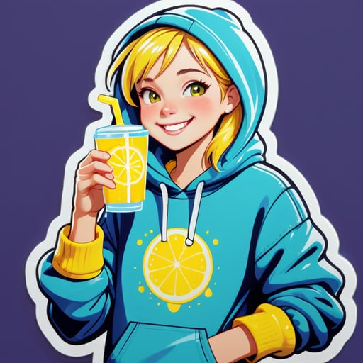 A fair -haired adult student of light with a grin drinks lemonade, clothes shirt and sweatshirt with a hood