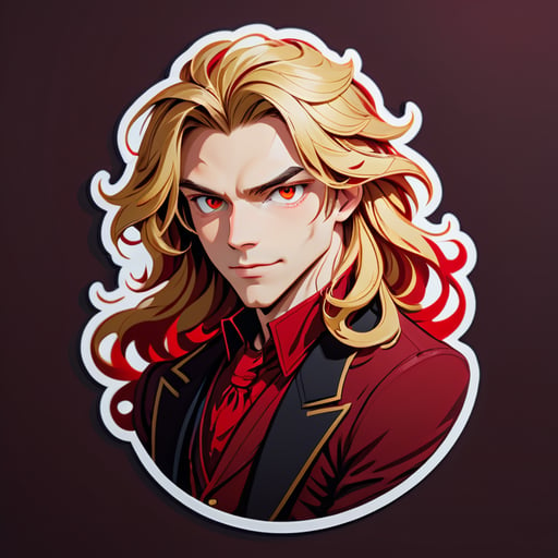 young man with red eyes and long blond wavy hair wears modern aristocratic dark red clothes
