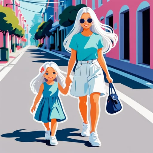 A fashionable girl with long white hair walks along the street with a little daughter by the handle