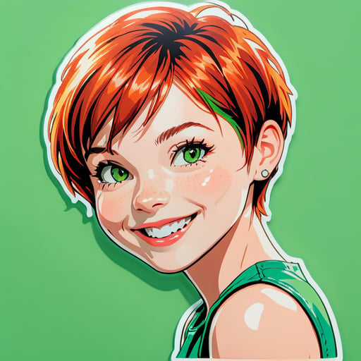 redhead girl, short pixie hair, green eyes, beautiful smile