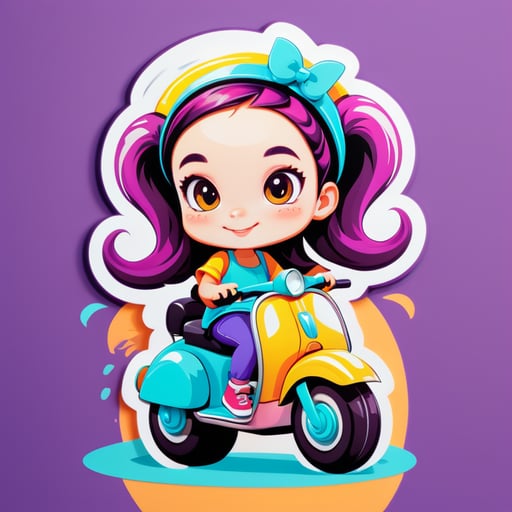 Girl with two tails on her head rolls on a scooter